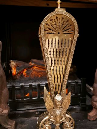 Vintage Gargoyle Fold Out Brass Fan Fireplace Screen Phoenix 4