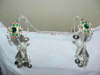 Moroccan Berber Women Silver Cones Earrings/ Headdress Enamel Africa Ornament 