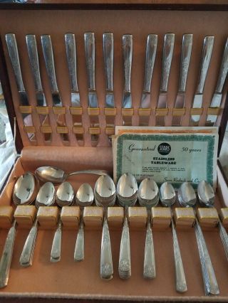 60 Pce Vintage Sears Tradition Rose Stainless Flatware Spoon Knives Knife