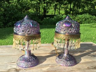 Vtg Fenton Carnival Art Glass Amethyst Purple Lamps W/prisms