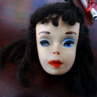 Rare Vintage Brunette 3 Ponytail Barbie Doll Head W/blue Eyeliner Needs 1day
