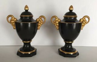 Rare Vintage Cowan Pottery Black & Gold Grape Double Handled Lidded Urns