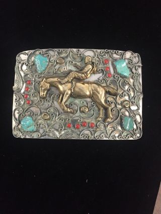 Vintage Native American Rodeo Xl Belt Buckle W/ Turquoise & Coral 4