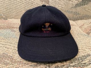 Vintage Polo Ralph Lauren Wool Bear Logo Rl93 Navy Blue Cap Hat Size Medium