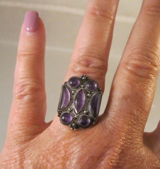 Vintage Oriental Chinese Cabochon Amethyst Sterling Silver Ring Adjustable 7