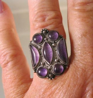 Vintage Oriental Chinese Cabochon Amethyst Sterling Silver Ring Adjustable 8