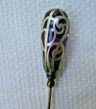 Vintage Antique Silver Overlay Purple Glass Hat Pin