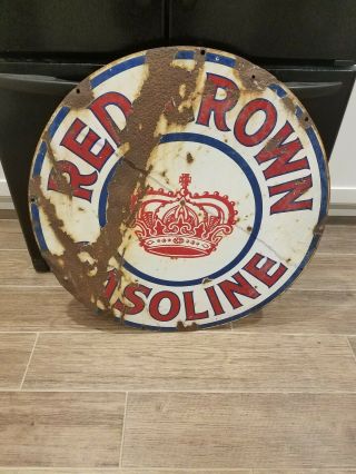 Vintage Red Crown Gasoline 30” Porcelain Double Sided Sign.