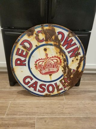 Vintage Red Crown Gasoline 30” Porcelain Double sided sign. 2