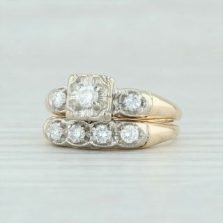 Vintage.  46ctw Diamond Wedding Band & Engagement Ring Set - 14k Gold Size 6