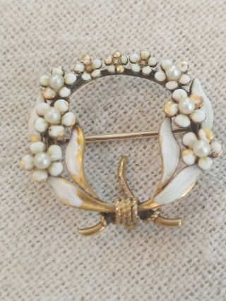 Antique Nouveau 14k Gold Enamel Pearl Bead Flower Brooch Pin 3.  85 Grams Antique
