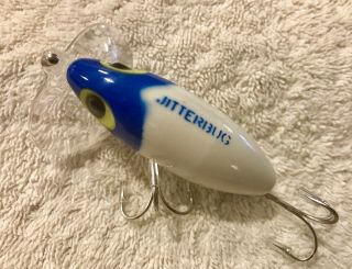 Rare Fishing Lure Fred Arbogast Jitterbug White Blue Head Clear Plastic Lip Bait