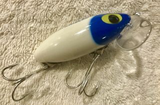Rare Fishing Lure Fred Arbogast Jitterbug White Blue Head Clear Plastic Lip Bait 2