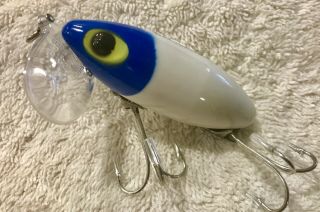 Rare Fishing Lure Fred Arbogast Jitterbug White Blue Head Clear Plastic Lip Bait 3