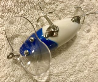 Rare Fishing Lure Fred Arbogast Jitterbug White Blue Head Clear Plastic Lip Bait 5