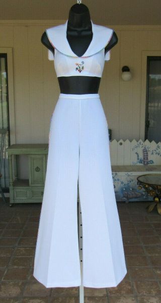 Vtg 1960s Right On By Estivo Nautical Jumper 3 Piece Jumpsuit White Poly Size