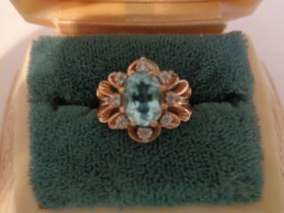 Vintage 10k Yellow Gold T&c 3.  52 Grams Aquamarine And Diamonds Ring Sz 6 1/2