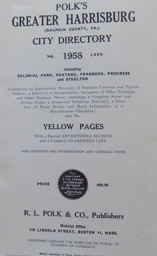 POLK ' S Harrisburg PA City Directory 1958 Pennsylvania Vintage Steelton Penbrook 4