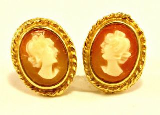 Antique 14k Yellow Gold Oval Carved Cameo With Wire Design Small Stud Earrings