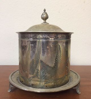 Antique Silver Plated Biscuit Caddy Barrel Cookie Jar Attached To Footed Tray
