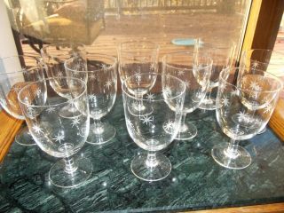 Set (11) Water Goblets Glasses Wine 5 ",  Vintage Crystal Cut 8 - Point Star Burst