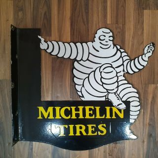 Michelin Tires 2 Sided Flange Vintage Porcelain Sign