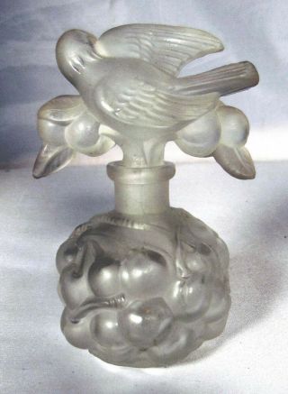 Vintage Art Deco Czech Frosted Glass Perfume Scent Bottle Cherries Birds 2