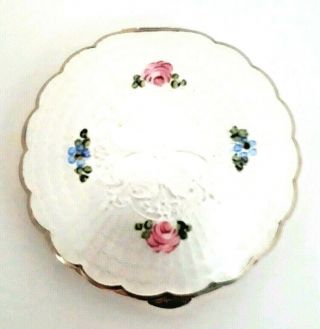 Vintage Deco La Mode White Guilloche Vanity Compact With Hand Painted Flowers.