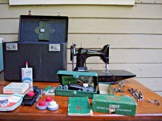 Vtg 1953 Singer Featherweight 221 Sewing Machine W/ Case And Foot Controller Acc