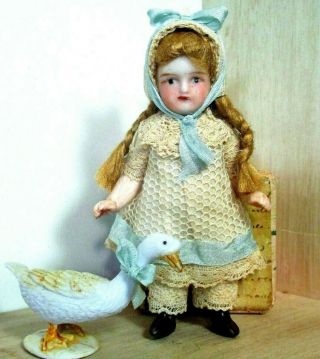 Tiny 3 1/2 " All Bisque Antique German Miniature Dollhouse Doll & Goose Friend
