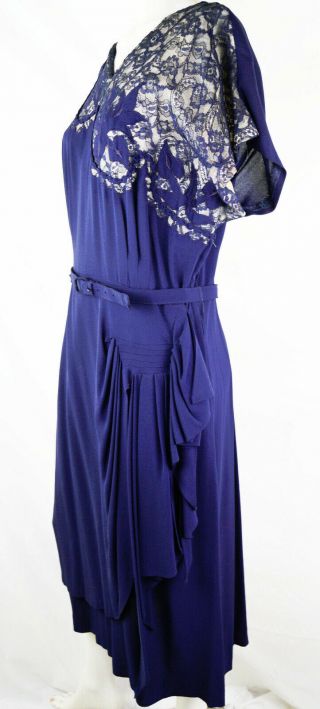 Vintage Xl 40s Side Drape Illusion Lace Dress Floral Cutout Navy