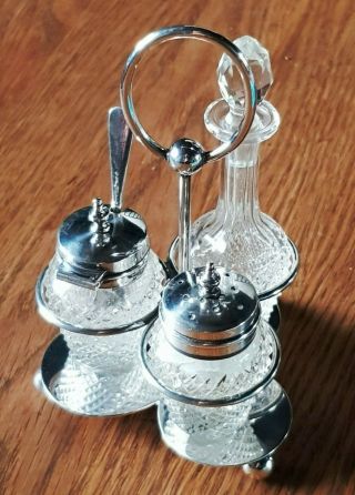 Quality Edwardian Cut Glass & Silver Cruet / Condiment Set With Stand 1911