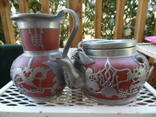Vintage Chinese Clay Pewter Dragons Tung King Shun Teapot And Pitcher