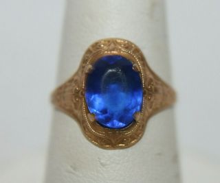 Vintage Solid 10k Yellow Gold Blue Stone Ring Sz 6.  75 Scrolled Fancy Setting