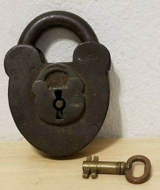 Vintage Antique Large Iron Padlock Lock - W/key