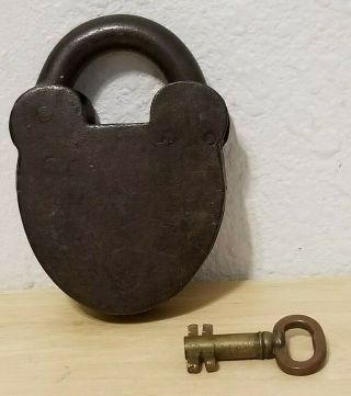 Vintage Antique Large Iron Padlock Lock - w/Key 2
