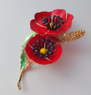 Vintage Retro Red Black Green Enamel 3 D Poppies Flowers Pin Brooch Hard To Find