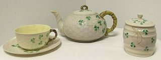 Belleek Vintage Irish Shamrock Clover Teapot Basketweave,  Sugar Bowl/teacup