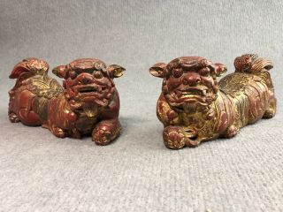 Antique Vintage Pair Chinese Foo Dogs Wooden Carved Red & Gilt Long Body Old
