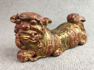 Antique Vintage Pair Chinese Foo Dogs Wooden Carved Red & Gilt Long Body Old 2
