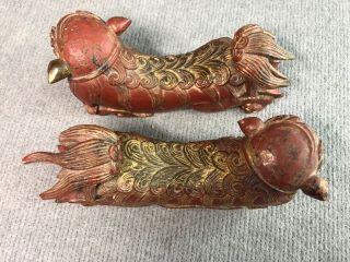 Antique Vintage Pair Chinese Foo Dogs Wooden Carved Red & Gilt Long Body Old 3