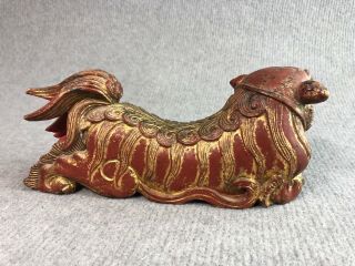 Antique Vintage Pair Chinese Foo Dogs Wooden Carved Red & Gilt Long Body Old 4