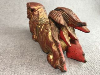 Antique Vintage Pair Chinese Foo Dogs Wooden Carved Red & Gilt Long Body Old 5