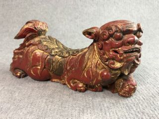 Antique Vintage Pair Chinese Foo Dogs Wooden Carved Red & Gilt Long Body Old 7