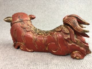 Antique Vintage Pair Chinese Foo Dogs Wooden Carved Red & Gilt Long Body Old 8