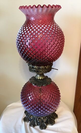 Vintage Fenton Art Glass Cranberry Opalescent Hobnail Gone With The Wind Lamp