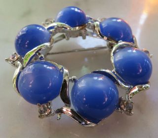 Vintage 1930s Coro Brooch Pin Blue Lucite Moonglow Cabochons Rhinestones Wreath