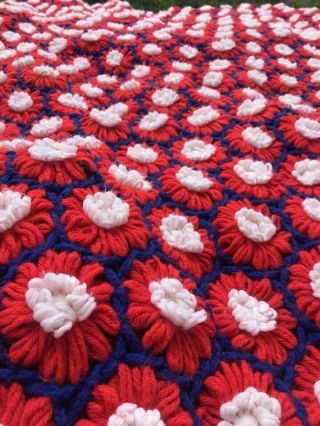 Vtg Flower Floral Crochet Handmade Afghan Crocheted Throw Blanket Red White Blue