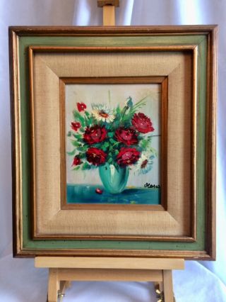 Antique Vintage Oil Painting On Canvas Roses Signed Marco French Gallery Stamp