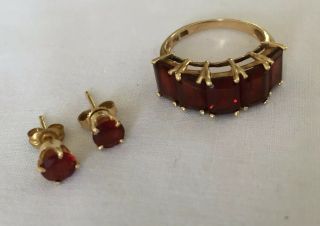 Vintage 10k Gold Garnet Baguette Band Ring Sz 7.  5 & 14k Gold Earring Set
